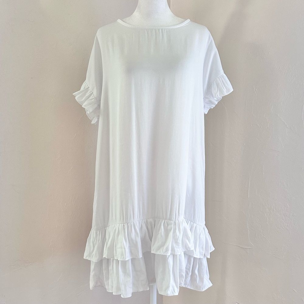Mulla Open Back Fringe White Boho Ruffle Hem Dress Size S - Picture 2 of 11